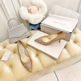 Jimmy Choo New Crystal Powder Pointed High Heels For Women Gold