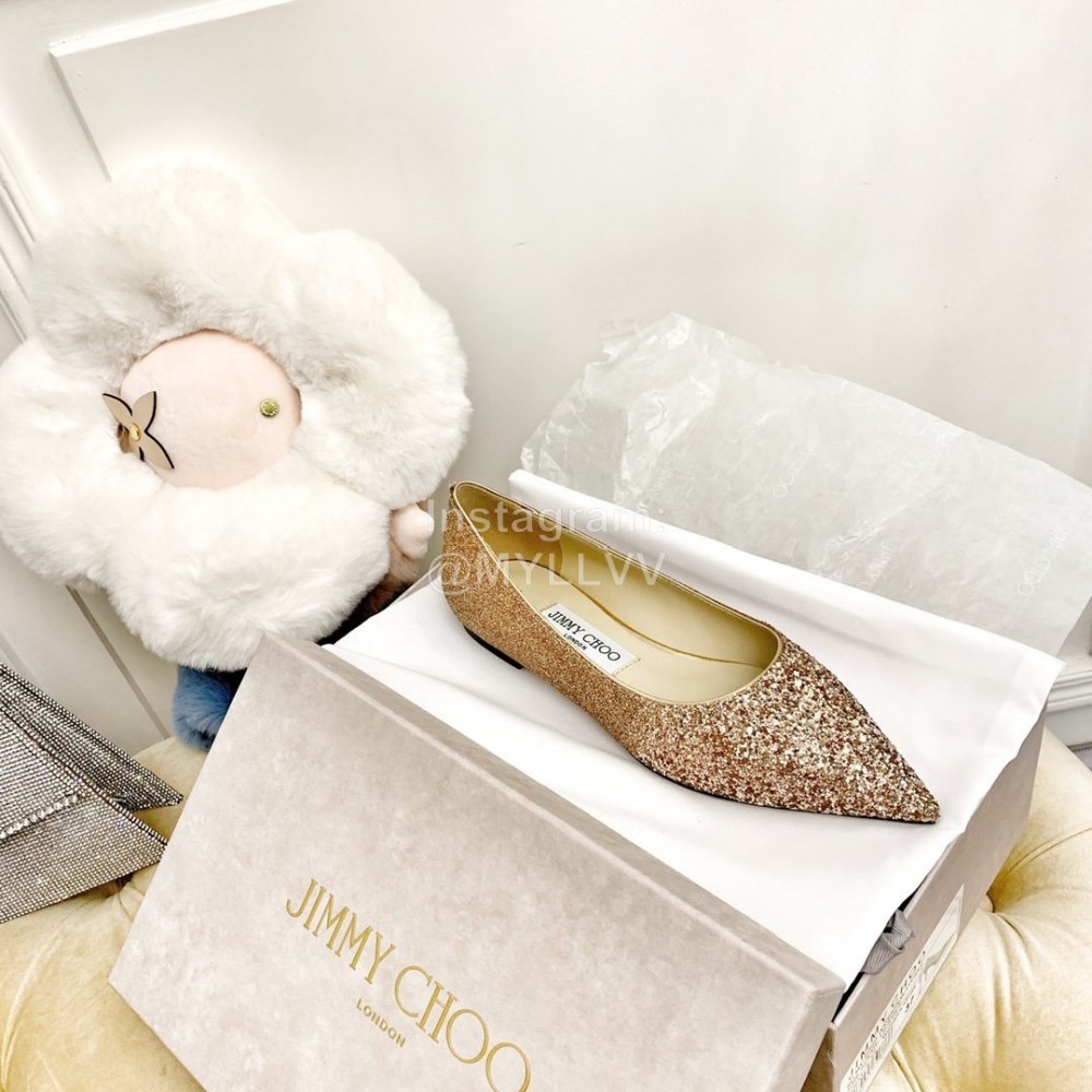 Jimmy Choo Fashion Crystal Powder Pointed Flat Heels For Women Gold