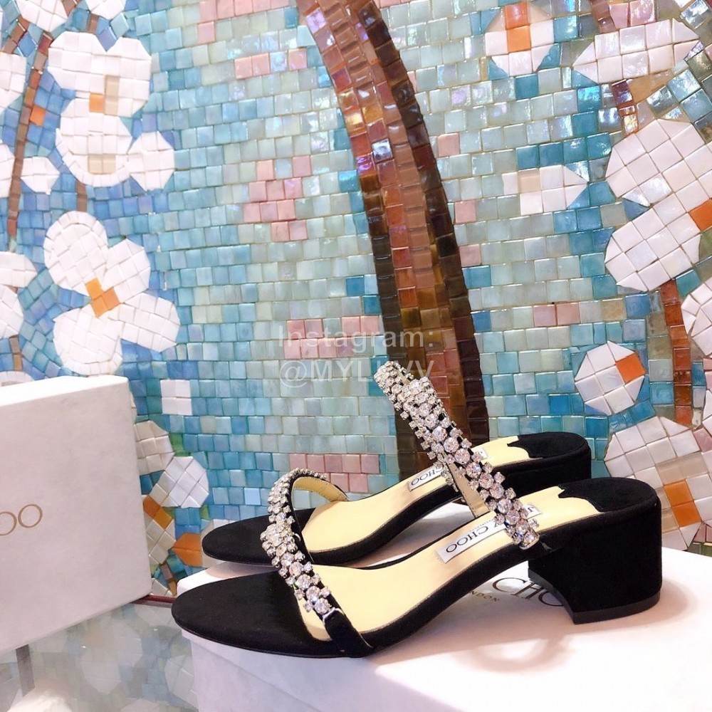 Jimmy Choo New Diamond Belt Thick High Heeled Slippers For Women Black