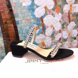 Jimmy Choo New Diamond Belt Thick High Heeled Slippers For Women Black