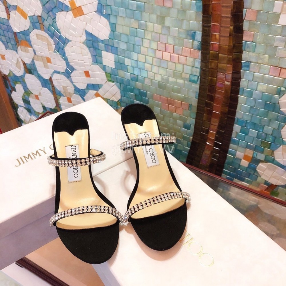 Jimmy Choo New Diamond Belt High Heeled Slippers For Women Black