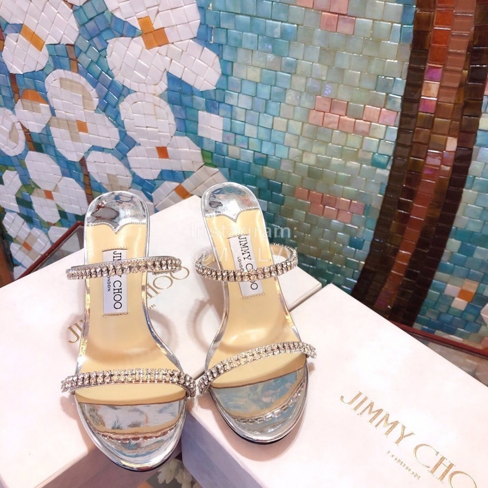 Jimmy Choo New Diamond Belt High Heeled Slippers For Women Silver