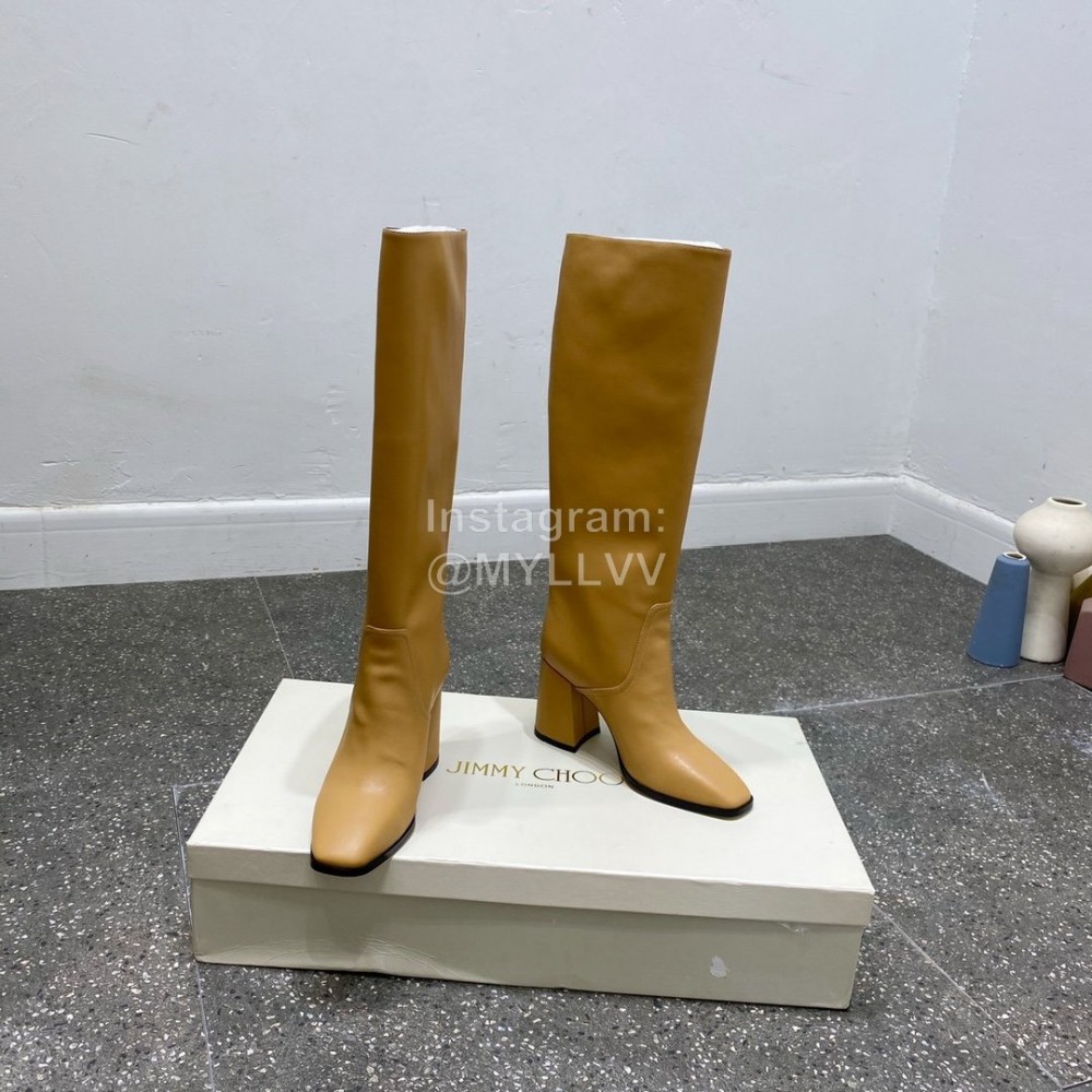 Jimmy Choo Winter Calf Leather Thick High Heel Boots For Women Brown