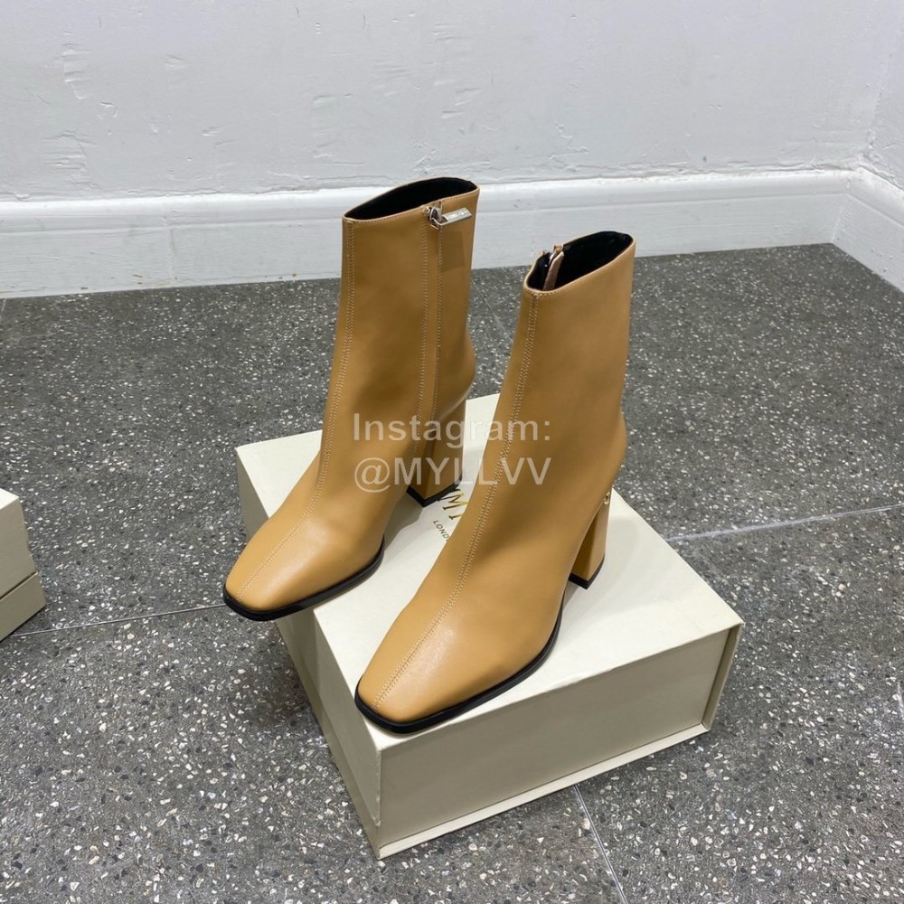 Jimmy Choo Winter Calf Leather Thick High Heel Short Boots For Women Brown