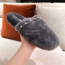 Jimmy Choo Autumn Winter Soft Fur Slippers For Women Gray