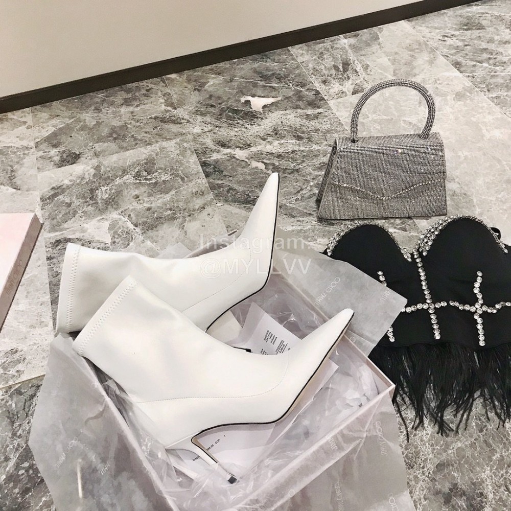 Jimmy Choo Elastic Cloth Pointed High Heel Boots For Women White