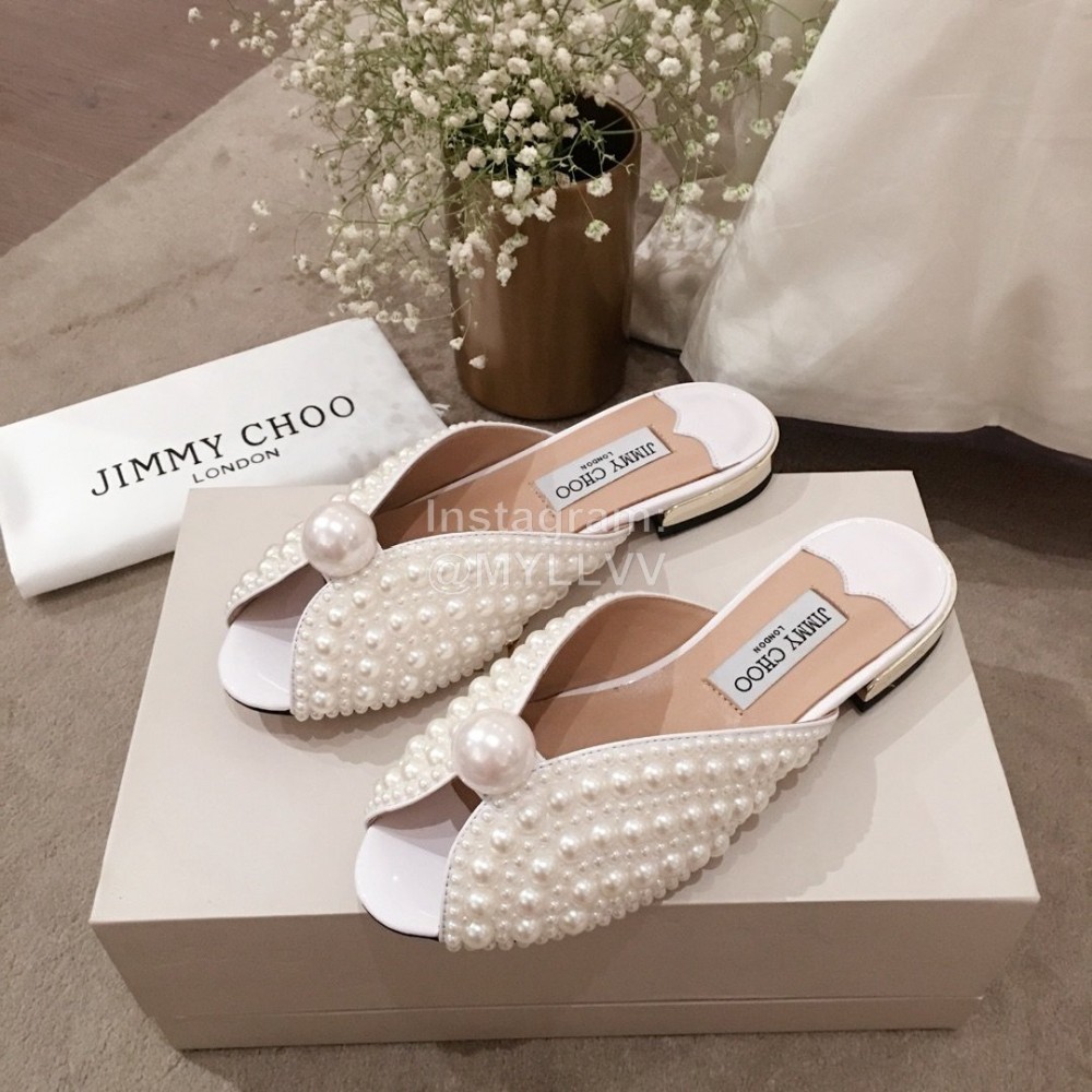 Jimmy Choo Elegant Pearl Flat Heel Slippers For Women White