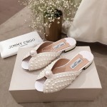 Jimmy Choo Elegant Pearl Flat Heel Slippers For Women White
