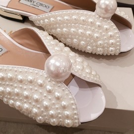Jimmy Choo Elegant Pearl Flat Heel Slippers For Women White