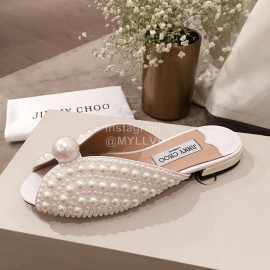 Jimmy Choo Elegant Pearl Flat Heel Slippers For Women White