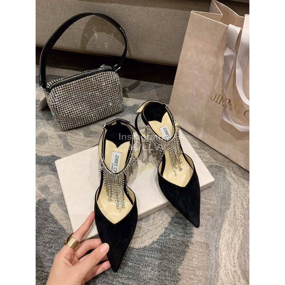 Jimmy Choo Black Suede Crystal Chain Pointed High Heel Sandals For Women 