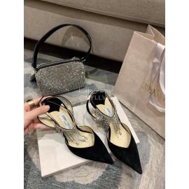 Jimmy Choo Black Suede Crystal Chain Pointed High Heel Sandals For Women 