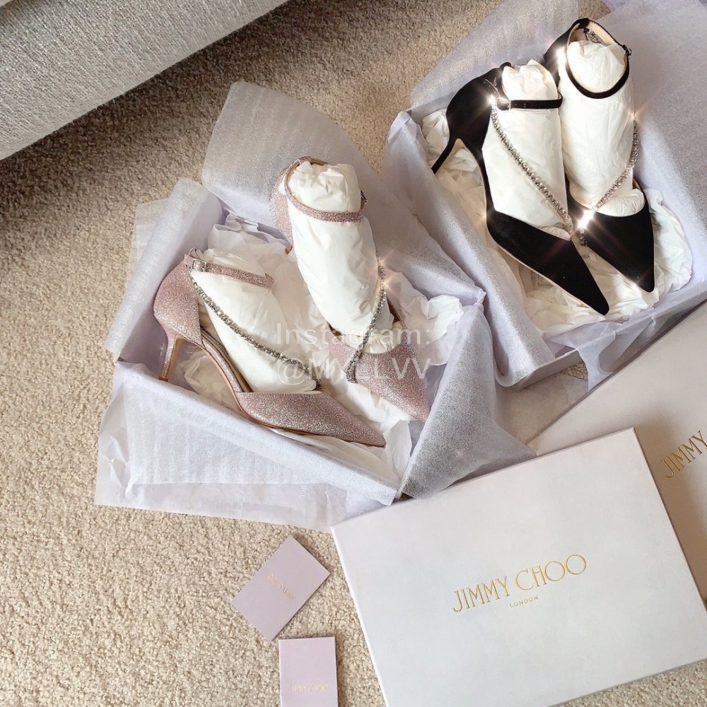 Jimmy Choo Elegant Pink Leather Crystal Chain Pointed High Heel Sandals For Women 