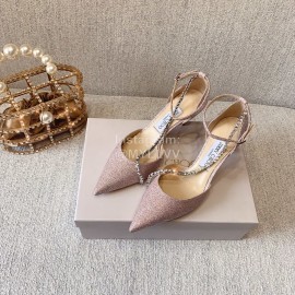 Jimmy Choo Elegant Pink Leather Crystal Chain Pointed High Heel Sandals For Women 