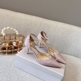Jimmy Choo Elegant Pink Leather Crystal Chain Pointed High Heel Sandals For Women 