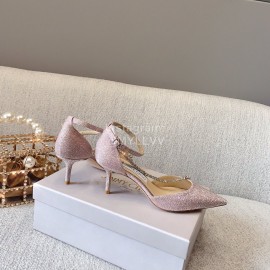 Jimmy Choo Elegant Pink Leather Crystal Chain Pointed High Heel Sandals For Women 