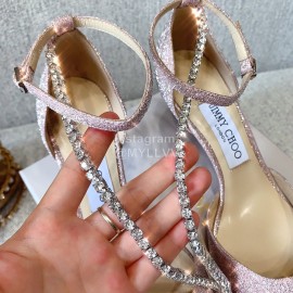 Jimmy Choo Elegant Pink Leather Crystal Chain Pointed High Heel Sandals For Women 