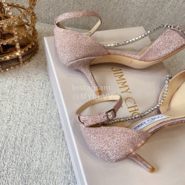 Jimmy Choo Elegant Pink Leather Crystal Chain Pointed High Heel Sandals For Women 