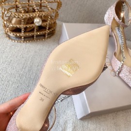 Jimmy Choo Elegant Pink Leather Crystal Chain Pointed High Heel Sandals For Women 