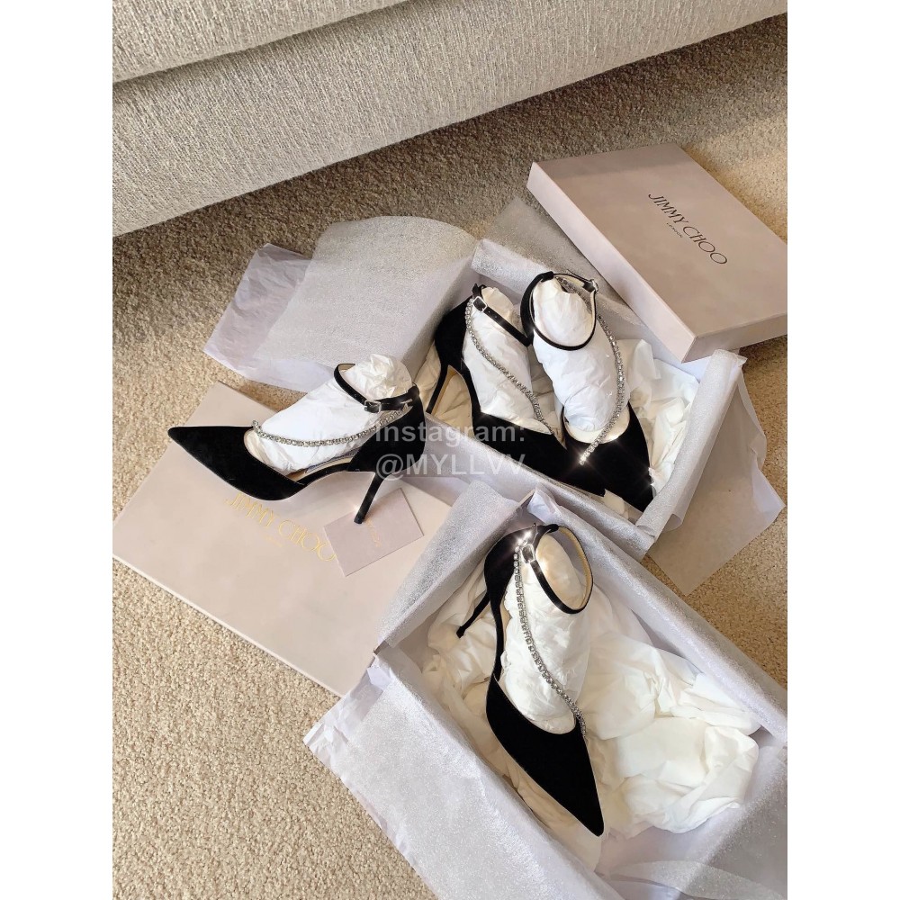 Jimmy Choo New Black Suede Crystal Chain Pointed Shoes For Women 