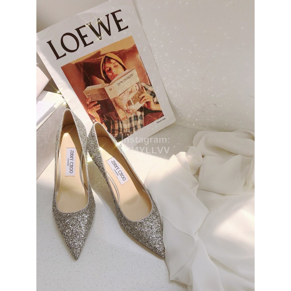 Jimmy Choo Fashion Blingbling Sheepskin Pointed High Heels For Women Silver