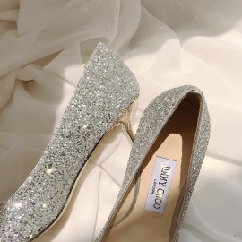 Jimmy Choo Fashion Blingbling Sheepskin Pointed High Heels For Women Silver