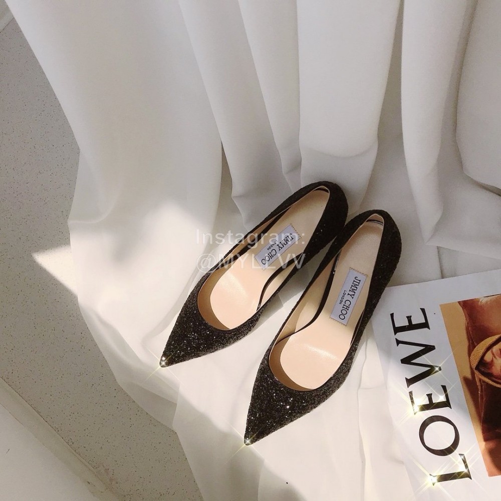 Jimmy Choo Fashion Blingbling Sheepskin Pointed High Heels For Women Black