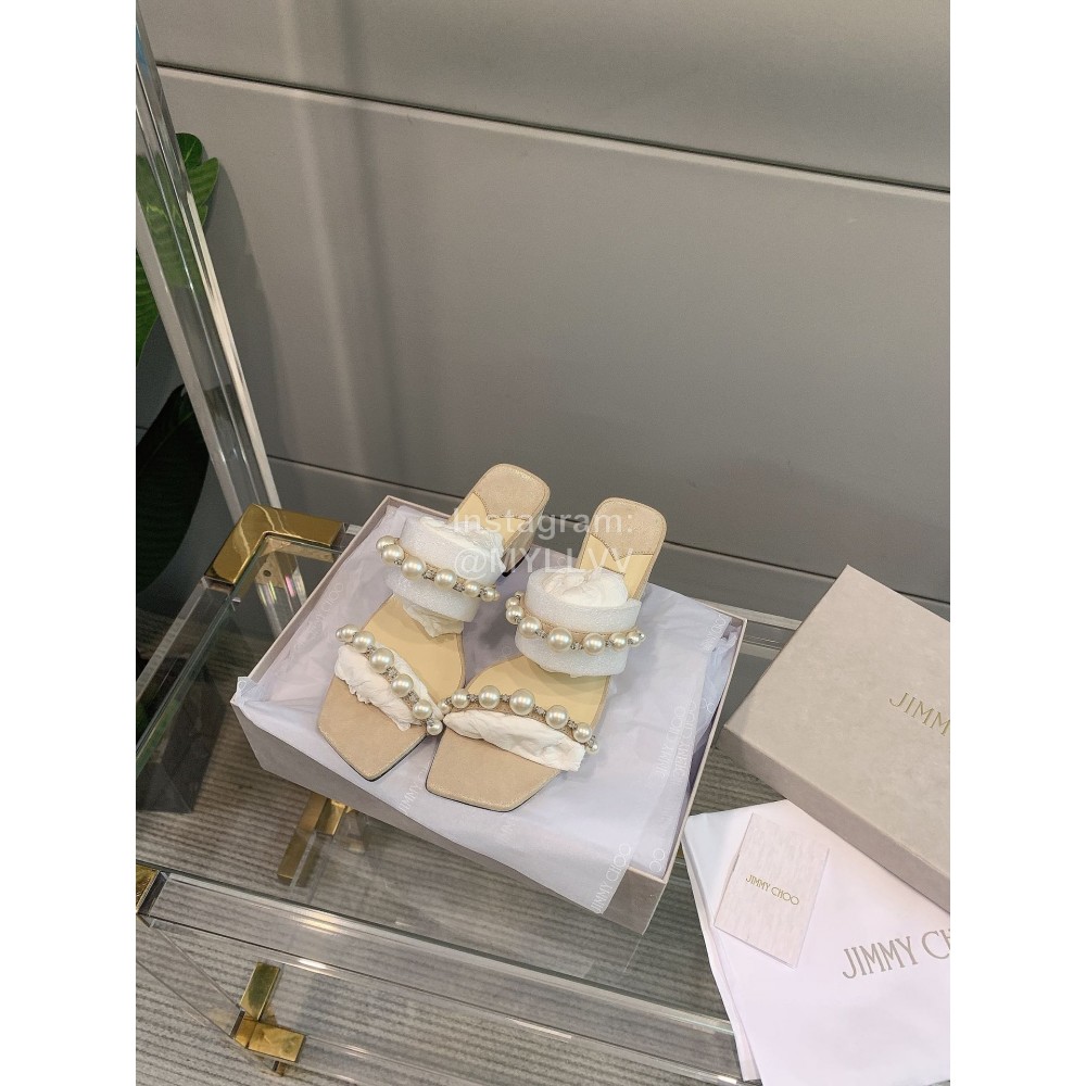 Jimmy Choo New Pearl Sheepskin Thick High Heeled Slippers For Women Beige