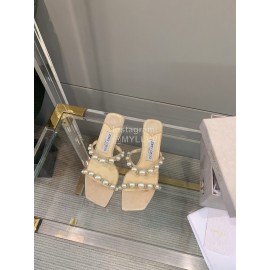 Jimmy Choo New Pearl Sheepskin Thick High Heeled Slippers For Women Beige