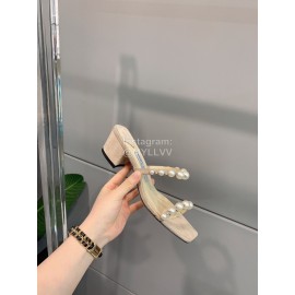 Jimmy Choo New Pearl Sheepskin Thick High Heeled Slippers For Women Beige