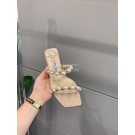 Jimmy Choo New Pearl Sheepskin Thick High Heeled Slippers For Women Beige