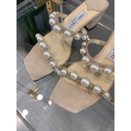 Jimmy Choo New Pearl Sheepskin Thick High Heeled Slippers For Women Beige