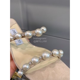 Jimmy Choo New Pearl Sheepskin Thick High Heeled Slippers For Women Beige