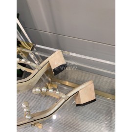 Jimmy Choo New Pearl Sheepskin Thick High Heeled Slippers For Women Beige