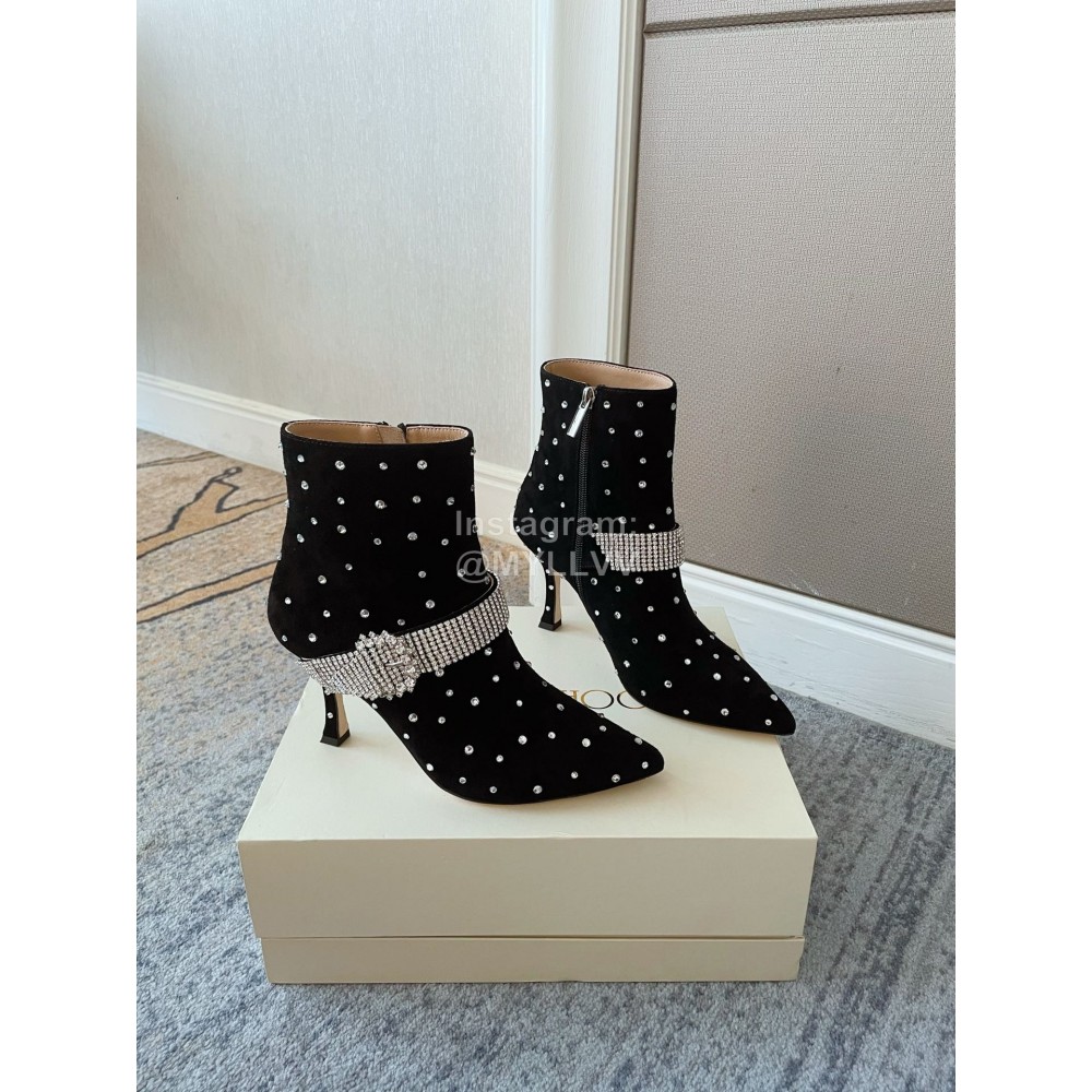 Jimmy Choo Velvet Leather Diamond High Heeled Boots For Women Black