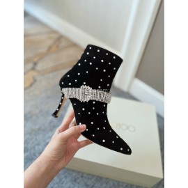 Jimmy Choo Velvet Leather Diamond High Heeled Boots For Women Black