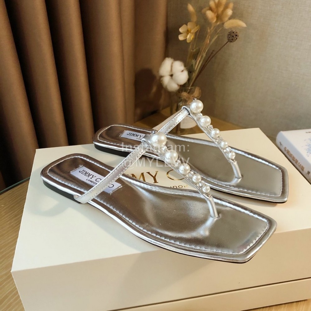 Jimmy Choo New Pearl Cowhide Flip Flops For Women Silver
