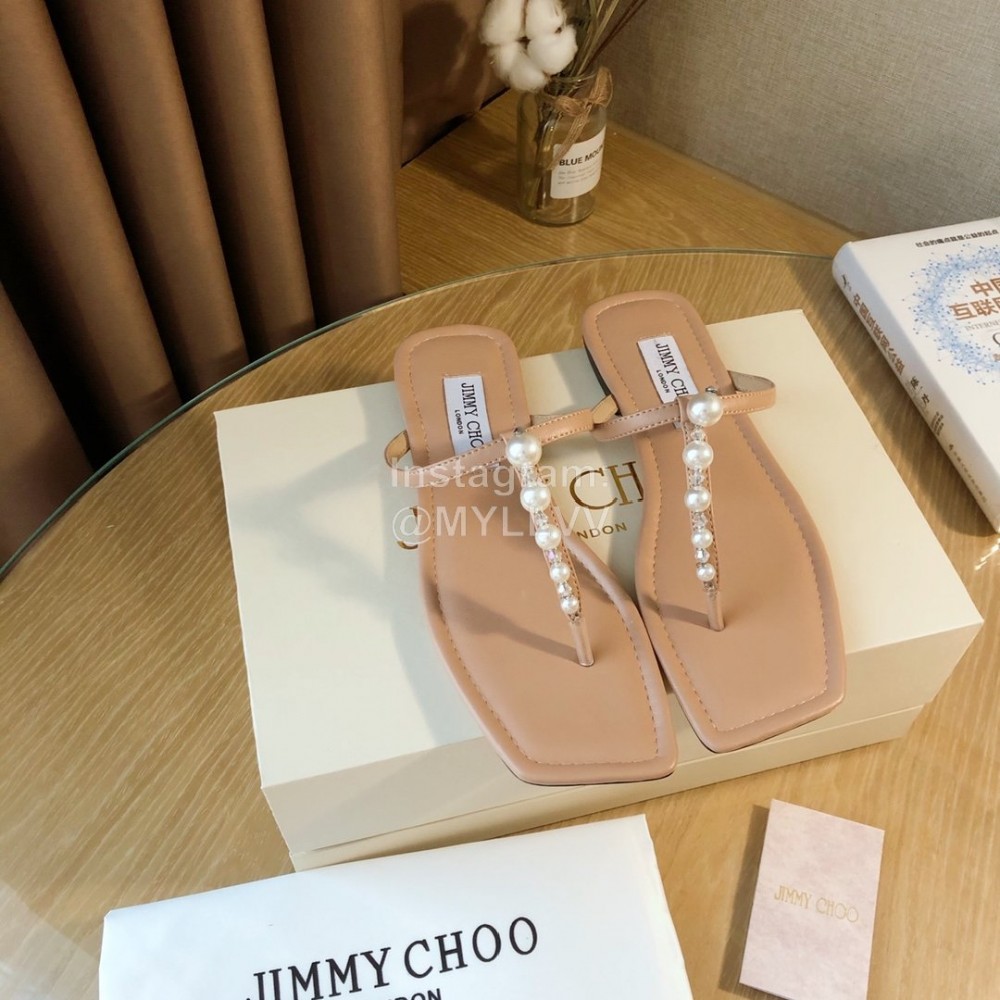 Jimmy Choo New Pearl Cowhide Flip Flops For Women Apricot