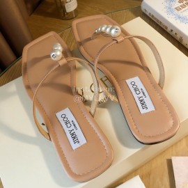 Jimmy Choo New Pearl Cowhide Flip Flops For Women Apricot