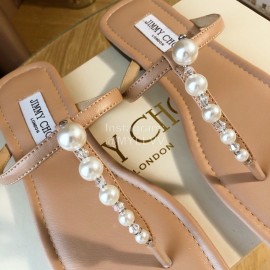 Jimmy Choo New Pearl Cowhide Flip Flops For Women Apricot