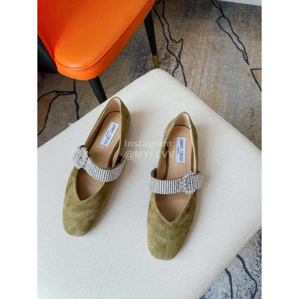 Jimmy Choo Velvet Leather Diamond Buckle Flat Shoes For Women Green