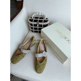 Jimmy Choo Velvet Leather Diamond Buckle Flat Shoes For Women Green