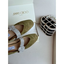 Jimmy Choo Velvet Leather Diamond Buckle Flat Shoes For Women Green