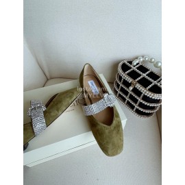 Jimmy Choo Velvet Leather Diamond Buckle Flat Shoes For Women Green