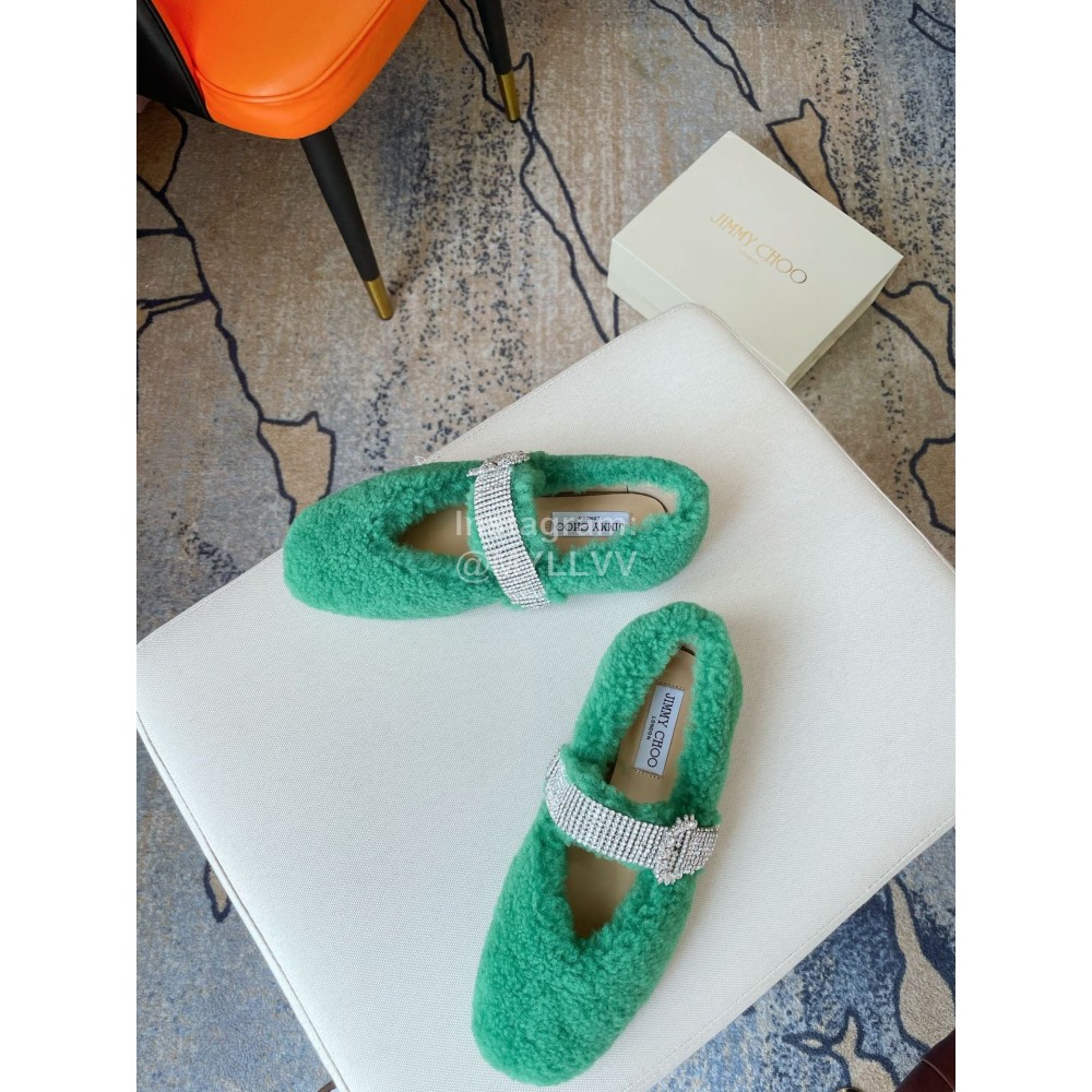 Jimmy Choo Lamb Wool Diamond Buckle Flat Shoes For Women Green