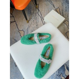 Jimmy Choo Lamb Wool Diamond Buckle Flat Shoes For Women Green