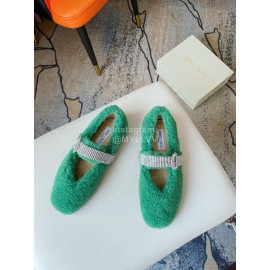 Jimmy Choo Lamb Wool Diamond Buckle Flat Shoes For Women Green