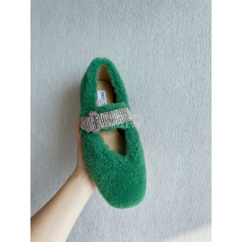 Jimmy Choo Lamb Wool Diamond Buckle Flat Shoes For Women Green