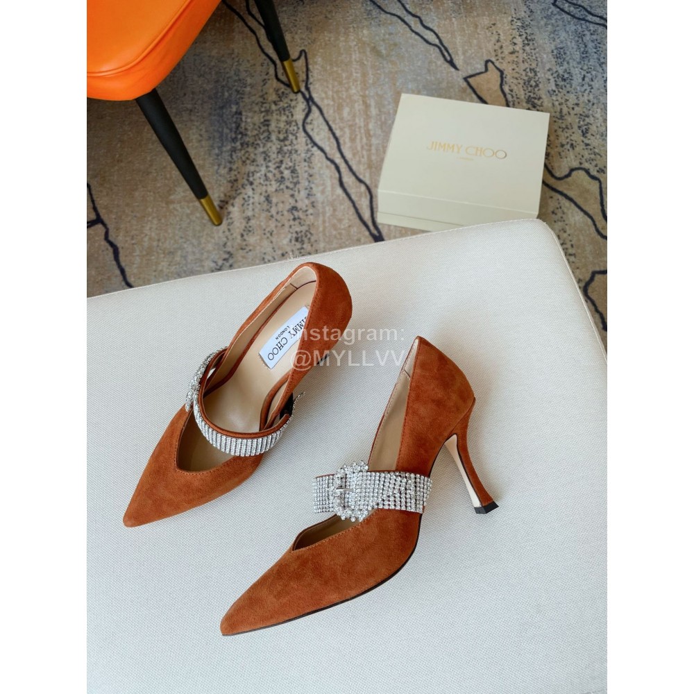 Jimmy Choo Velvet Leather Diamond Buckle Pointed High Heels For Women Brown