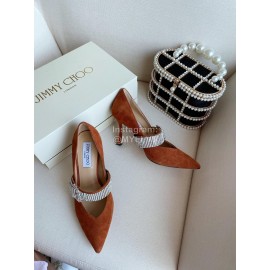 Jimmy Choo Velvet Leather Diamond Buckle Pointed High Heels For Women Brown